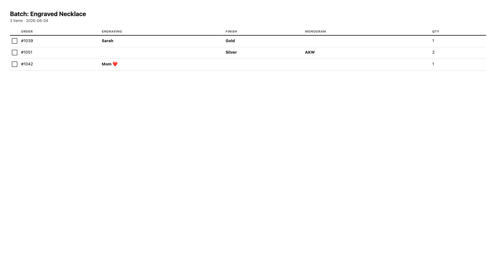 A printable batch run sheet listing order numbers, customization columns and checkboxes.