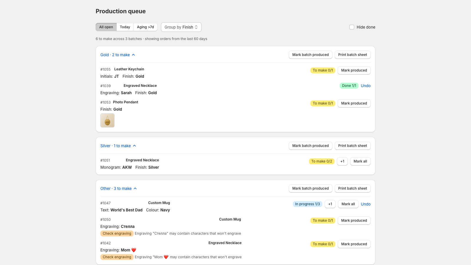 The same orders re-batched by finish, with all Gold items across different products grouped together.