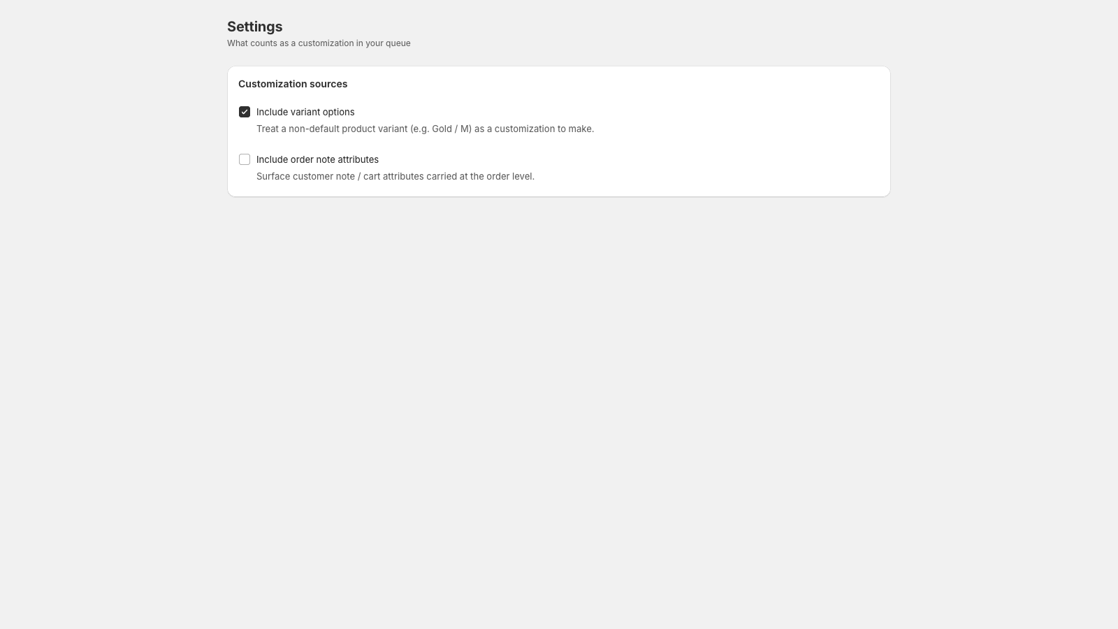Settings page with toggles for including variant options and order note attributes.